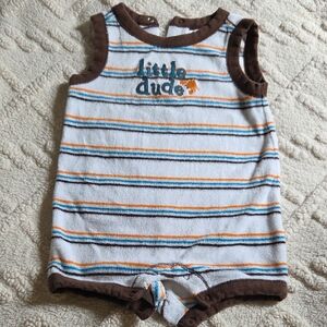 Gymboree White Romper with Brown, Orange & Blue Stripes